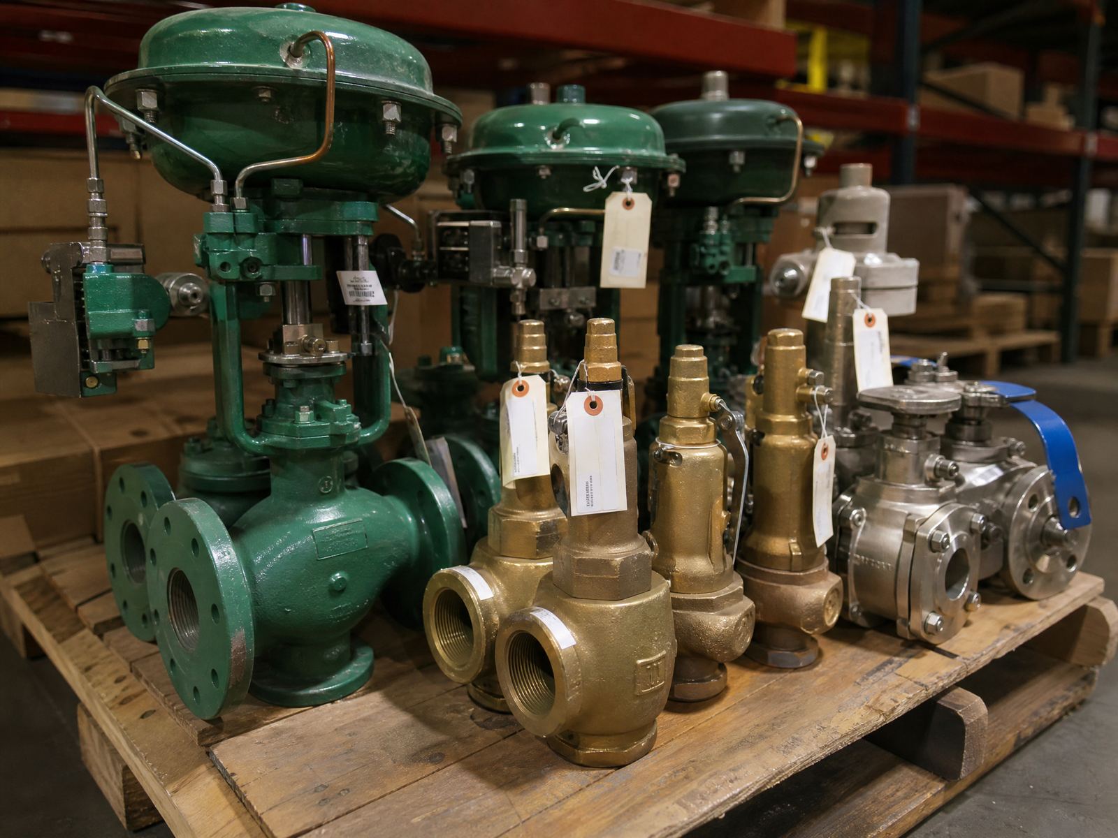 Surplus control valves with actuators palletized for shipment