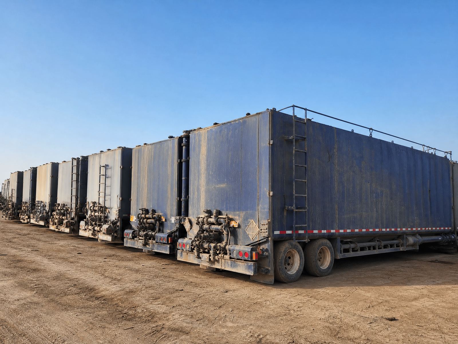 Frac tanks lined up in an oilfield equipment yard