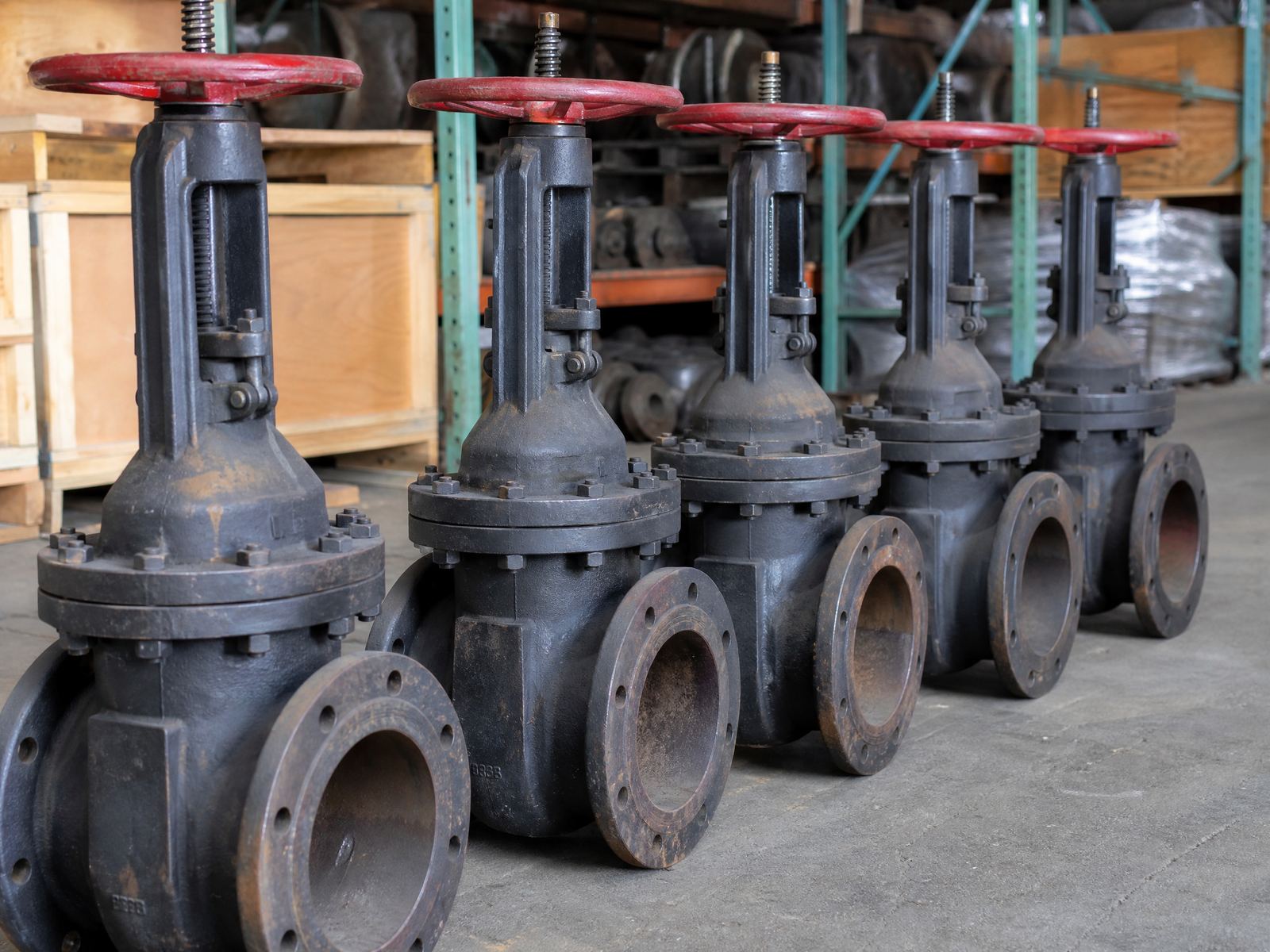 Row of large carbon steel gate valves awaiting purchase