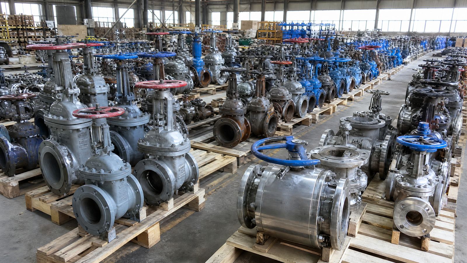 Warehouse rows of surplus gate, ball, and globe valves of the kind The Valve Buyers purchases