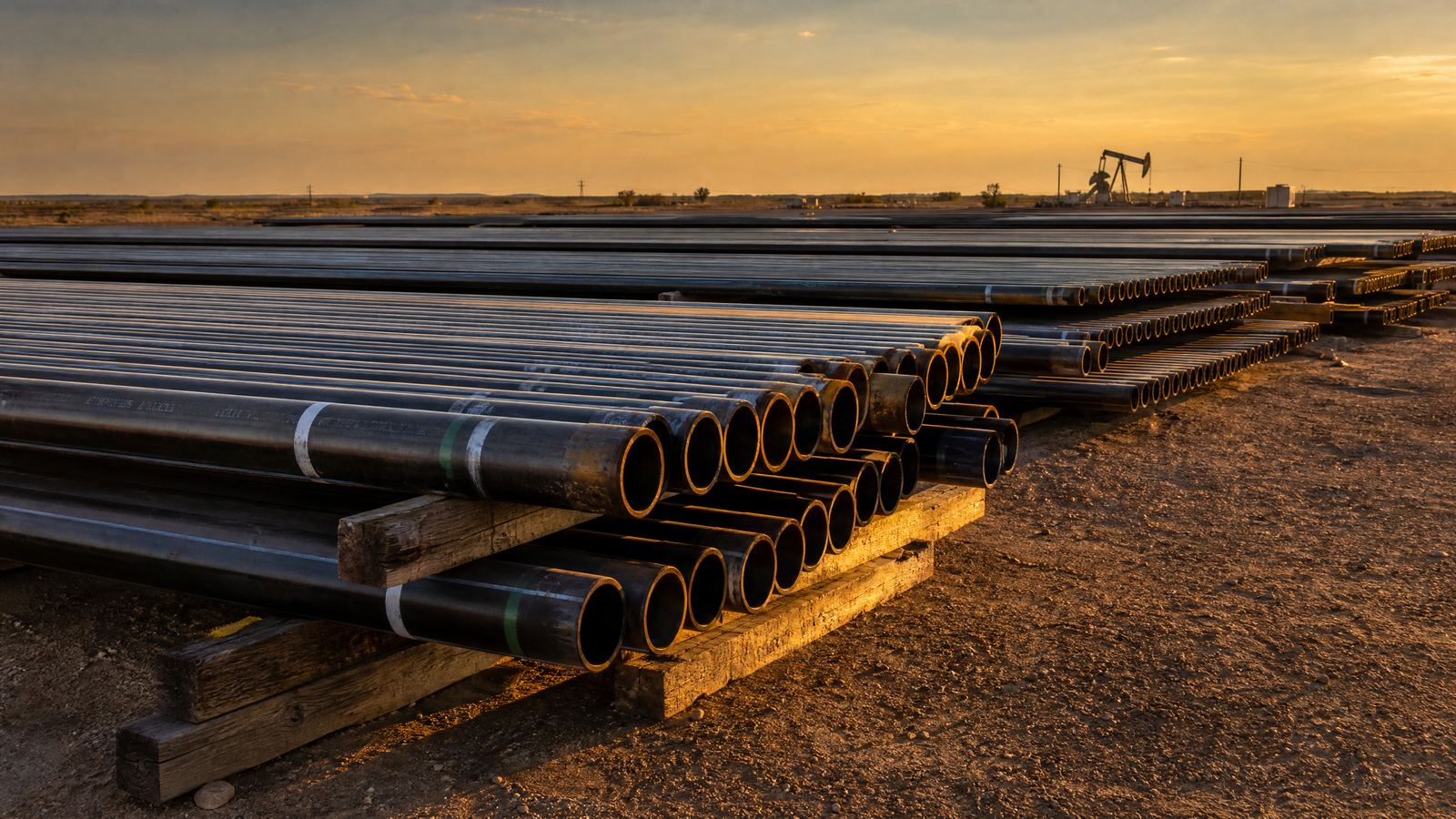 Racks of surplus oilfield line pipe and OCTG staged in a pipe yard