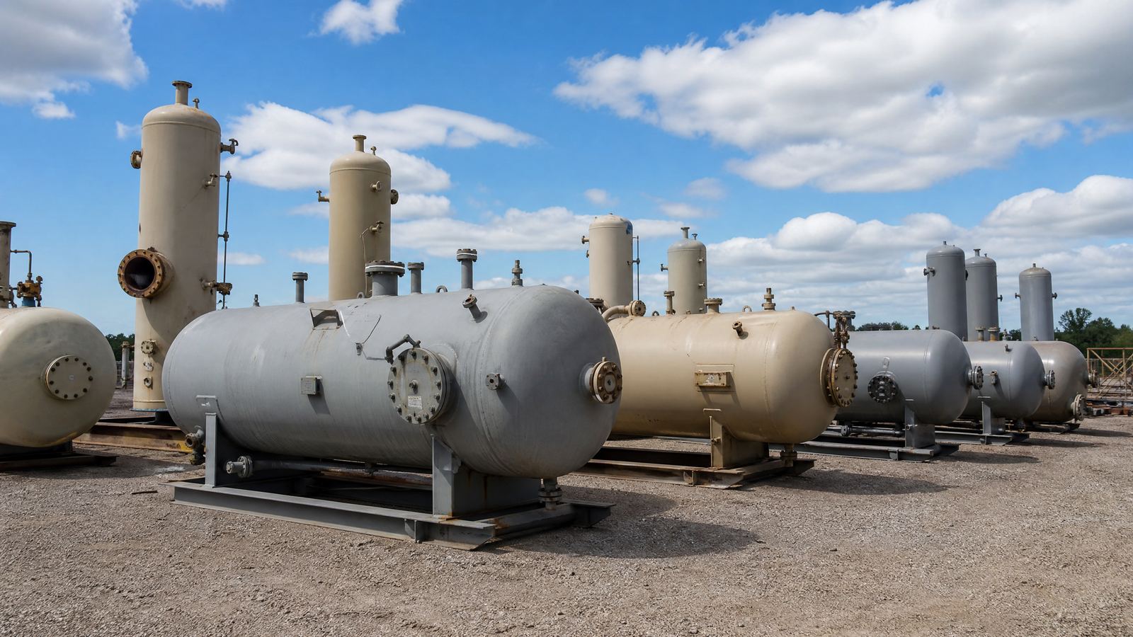 ASME pressure vessels and steel tanks staged at an industrial facility